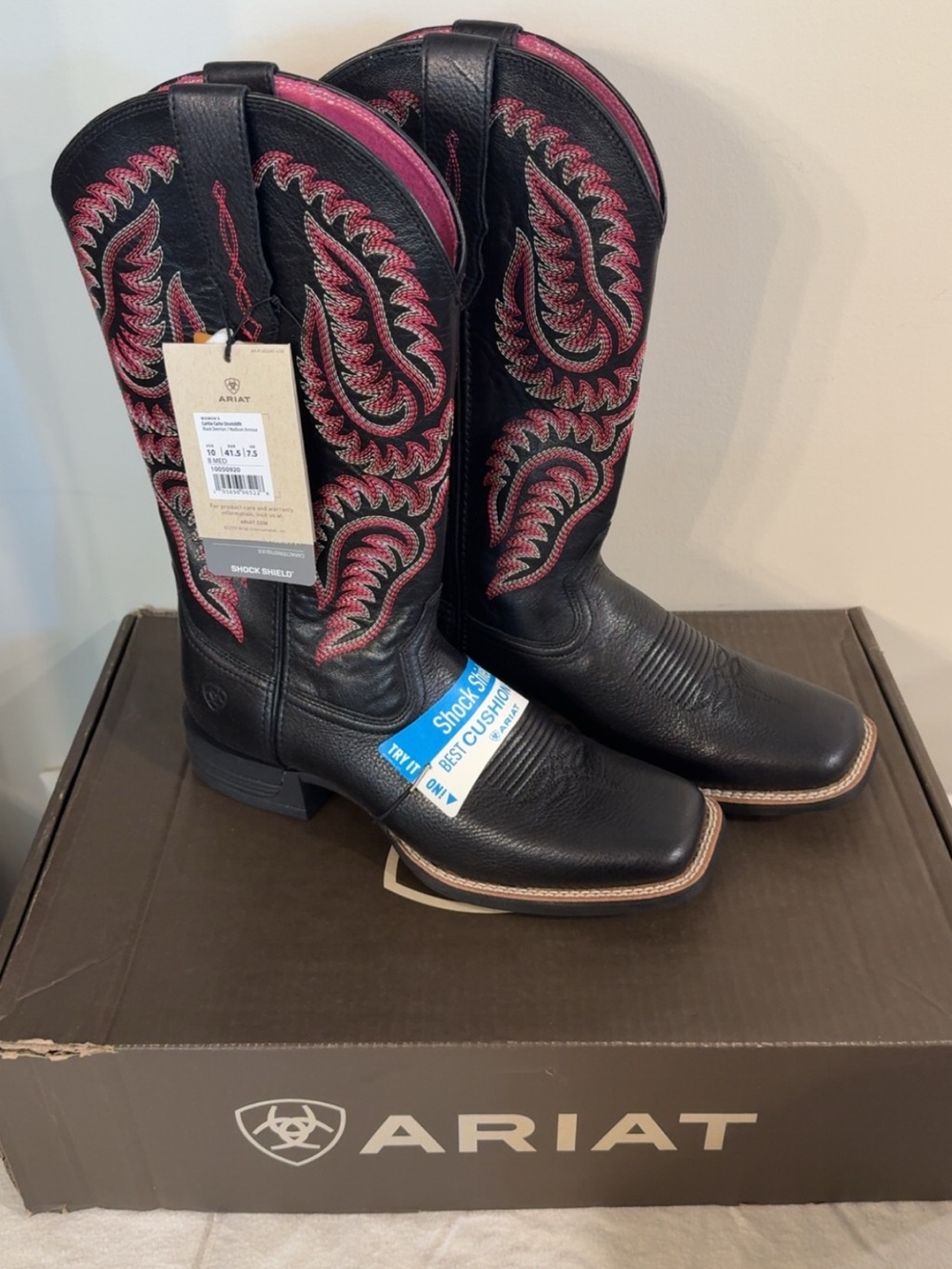 Ariat Black Leather Cowboy Boots with Pink Embroidery